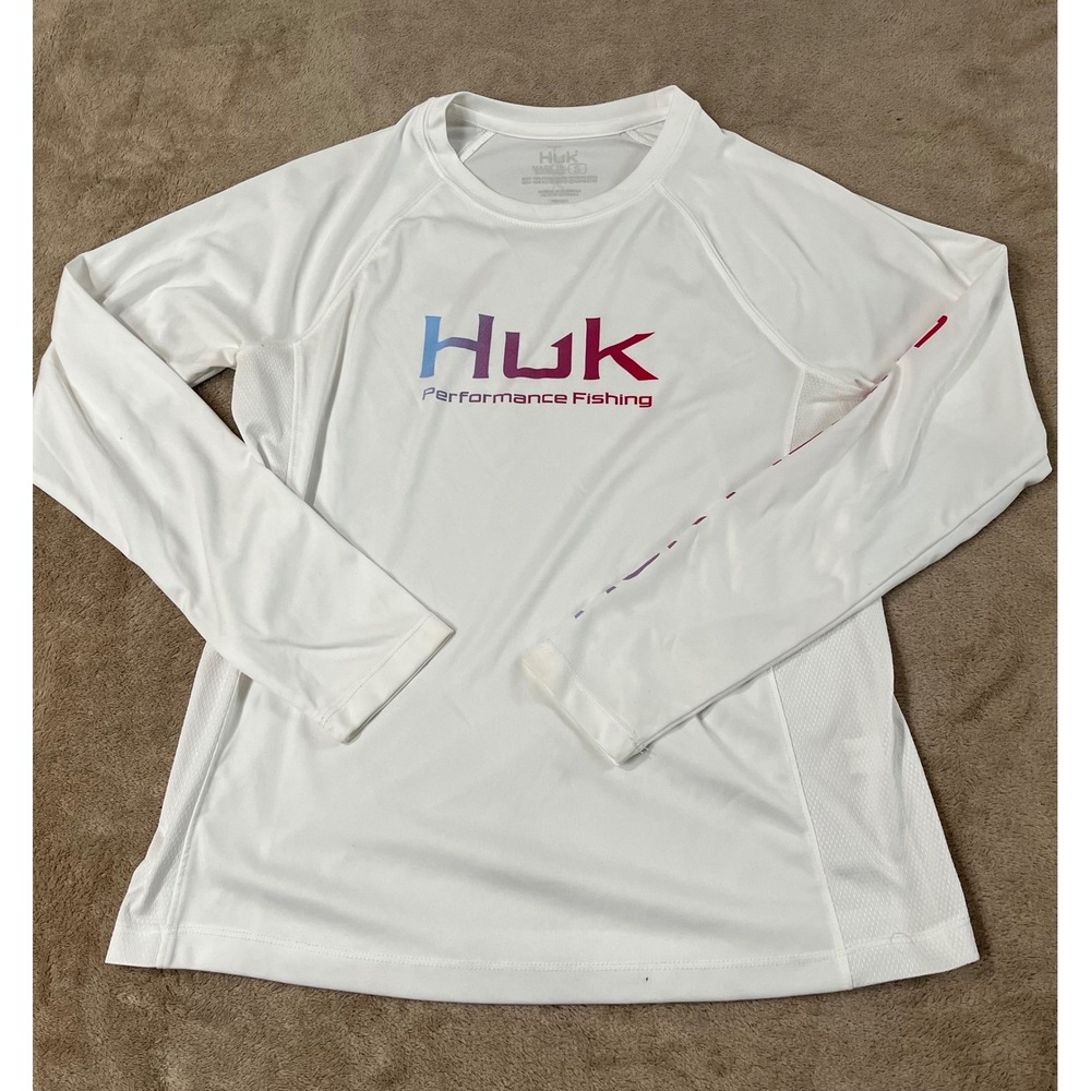 Huk Icon X Performance Fishing Shirt Women's S White Crew-neck Long Sleeve GOOD